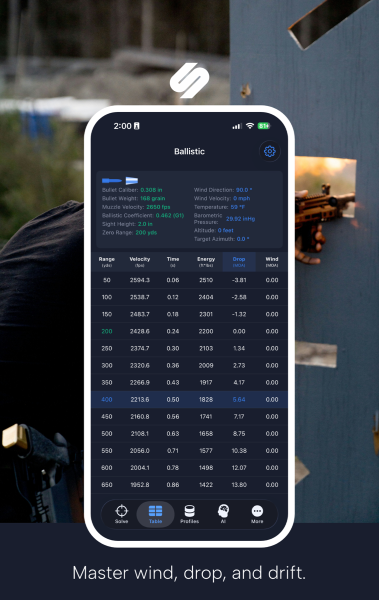 Strelok Pro ballistic table with range and drop